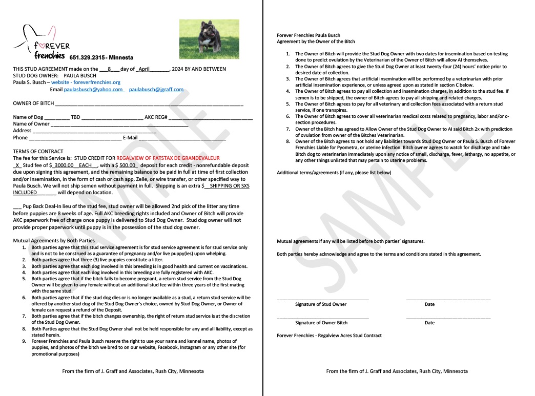 Forever Frenchies sample stud contract document
